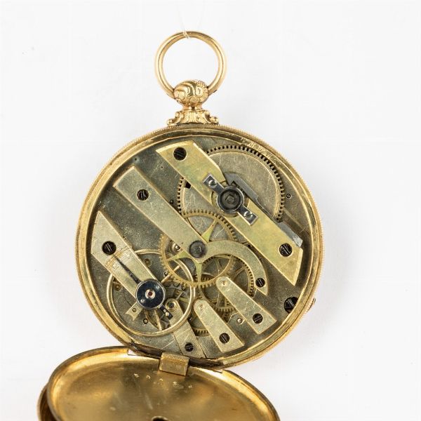 Tobias and Co orologio da tasca inglese in oro (couvette in ottone), del 1870 circa.<BR>Quadrante in argento con numeri applicati.<BR>Movimento a ponti multipli, scappamento a cilindro. <BR>  - Asta Orologi da Tasca - Associazione Nazionale - Case d'Asta italiane