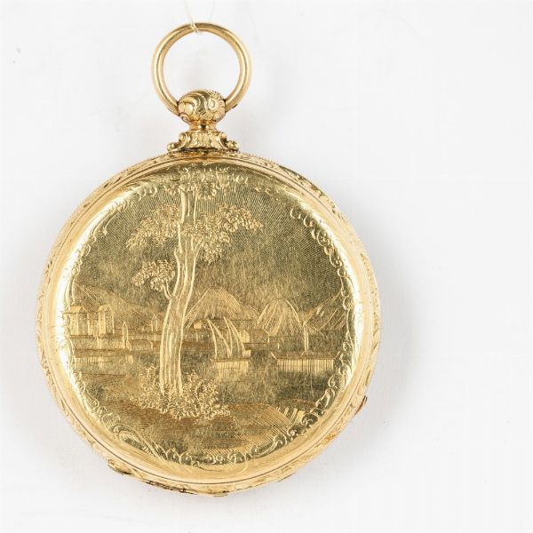 Tobias and Co orologio da tasca inglese in oro (couvette in ottone), del 1870 circa.<BR>Quadrante in argento con numeri applicati.<BR>Movimento a ponti multipli, scappamento a cilindro. <BR>  - Asta Orologi da Tasca - Associazione Nazionale - Case d'Asta italiane