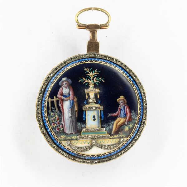 Orologio da tasca francese, di grandi dimensioni, firmato  Gregson a Paris, del periodo Impero (1800 circa). <BR>Cassa in ottone dorato, smalto di eccellente qualit al retro, decorato con pietre dure, lunetta al fronte con pietre dure.<BR>Movimento con scappamento a verga, conoide e catena.<BR>  - Asta Orologi da Tasca - Associazione Nazionale - Case d'Asta italiane