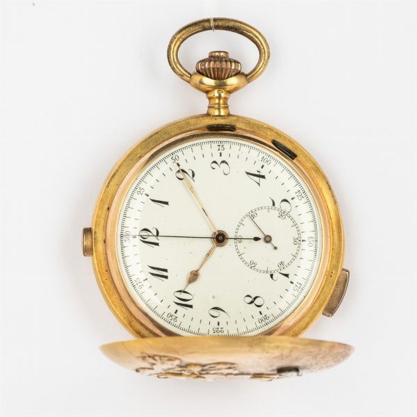 Orologio da tasca anonimo, ripetizione ore e quarti con cronografo 1880  circa, cassa in oro 18k sbalzata ed incisa  di pregevole fattura, movimento scappamento ad ancora, quadrante in smalto bianco  - Asta Orologi da Tasca - Associazione Nazionale - Case d'Asta italiane