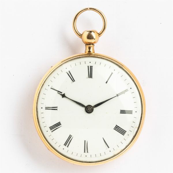 Orologio da tasca Bonjour a Becanon , 1820-1830, con suoneria a richiamo ore e quarti.<BR>Movimento con scappamento a verga, conoide e catena. <BR>Quadrante in smalto bianco, lancette in acciaio brunito.<BR>Funzionante ma richiede revisione.  - Asta Orologi da Tasca - Associazione Nazionale - Case d'Asta italiane