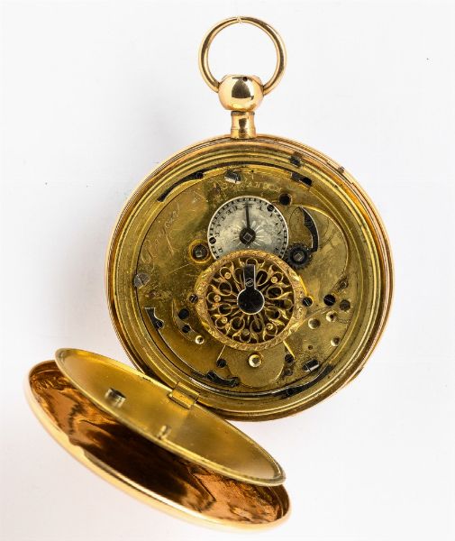 Orologio da tasca Bonjour a Becanon , 1820-1830, con suoneria a richiamo ore e quarti.<BR>Movimento con scappamento a verga, conoide e catena. <BR>Quadrante in smalto bianco, lancette in acciaio brunito.<BR>Funzionante ma richiede revisione.  - Asta Orologi da Tasca - Associazione Nazionale - Case d'Asta italiane