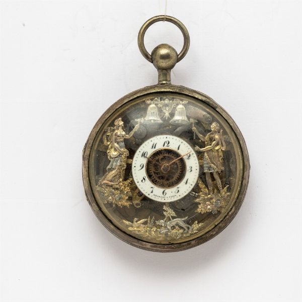 Movimento di orologio da tasca scheletrato con automi, 1830 circa, ospitato in una cassa posteriore in metallo.<BR>Movimento non funzionante.  - Asta Orologi da Tasca - Associazione Nazionale - Case d'Asta italiane