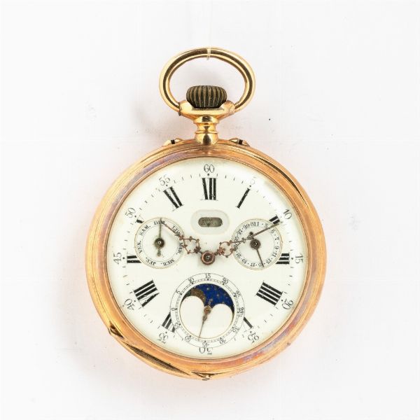 Orologio da tasca a remontoire, Svizzero, quadrante in smalto bianco con calendario completo e fasi di luna,movimento con scappamento ad ancora, primo quarto del 900, in oro 18 kt  - Asta Orologi da Tasca - Associazione Nazionale - Case d'Asta italiane