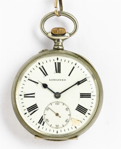 Orologio da taschino, Longines per le ferrovie, circa del 1930/1940, cassa in metallo<BR>  - Asta Orologi da Tasca - Associazione Nazionale - Case d'Asta italiane