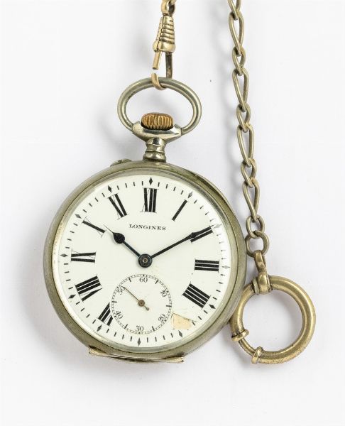 Orologio da taschino, Longines per le ferrovie, circa del 1930/1940, cassa in metallo<BR>  - Asta Orologi da Tasca - Associazione Nazionale - Case d'Asta italiane