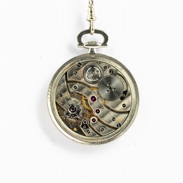 Orologio da tasca Cartier in platino con diamanti, movimento N 70.806, anni '30-40, bustina originale, catena originale, cassa 86.359  - Asta Orologi da Tasca - Associazione Nazionale - Case d'Asta italiane