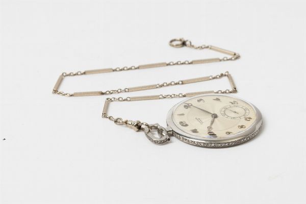 Orologio da tasca Cartier in platino con diamanti, movimento N 70.806, anni '30-40, bustina originale, catena originale, cassa 86.359  - Asta Orologi da Tasca - Associazione Nazionale - Case d'Asta italiane