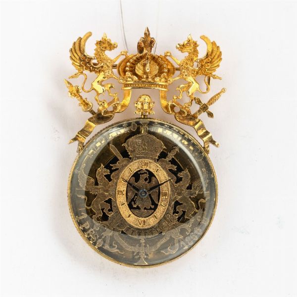 Orologio Broches in oro 18k, assemblata con componenti depoca ed una moneta messicana in oro ( periodo 1865 circa). <BR>Movimento a remontoir  Alfa a 17 rubini, di recente produzione ( 1970-1980 )  - Asta Orologi da Tasca - Associazione Nazionale - Case d'Asta italiane