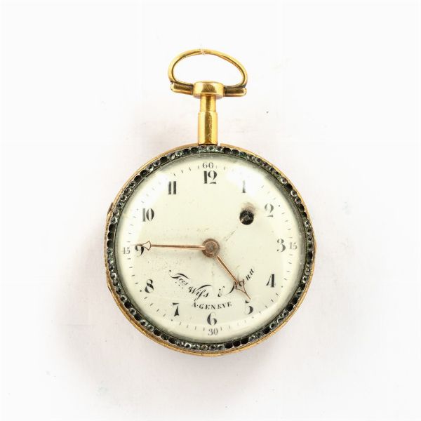 Frere Wills et Man a Geneve, 1800 circa, cassa in ottone dorato al mercurio, con smalto al retro (danneggiato), movimento con scappamento a  verga, quadrante in smalto bianco (rotture)  - Asta Orologi da Tasca - Associazione Nazionale - Case d'Asta italiane