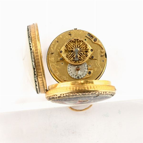 Frere Wills et Man a Geneve, 1800 circa, cassa in ottone dorato al mercurio, con smalto al retro (danneggiato), movimento con scappamento a  verga, quadrante in smalto bianco (rotture)  - Asta Orologi da Tasca - Associazione Nazionale - Case d'Asta italiane