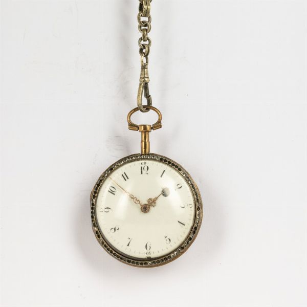 Orologio da tasca del 1790-1800 circa, movimento a verga, cassa in ottone con smalto al retro, albertina associata in metallo e smalti  - Asta Orologi da Tasca - Associazione Nazionale - Case d'Asta italiane