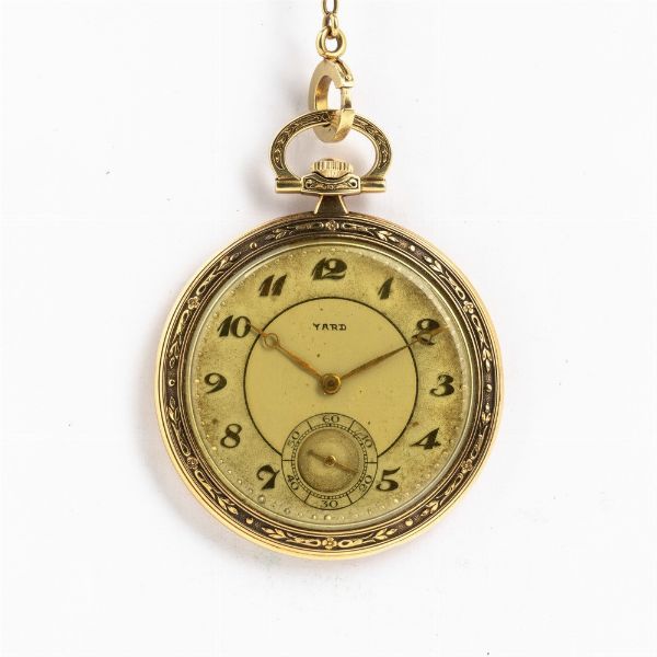 Orologio da taschino Yard, anni '30, movimento IWC, vite micrometrica, numero 749.021, cassa in oro 18 kt, incisione sul retro REG  - Asta Orologi da Tasca - Associazione Nazionale - Case d'Asta italiane