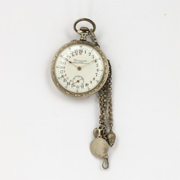 Orologio da tasca crono quadrante 24 ore, cassa in argentan, 1920-1930, quadrante in smalto bianco, scappamento ad ancora  - Asta Orologi da Tasca - Associazione Nazionale - Case d'Asta italiane