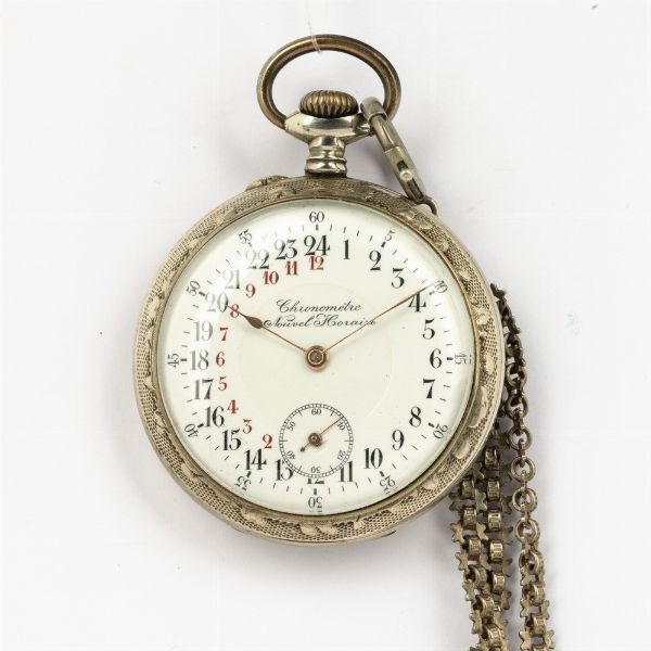 Orologio da tasca crono quadrante 24 ore, cassa in argentan, 1920-1930, quadrante in smalto bianco, scappamento ad ancora  - Asta Orologi da Tasca - Associazione Nazionale - Case d'Asta italiane