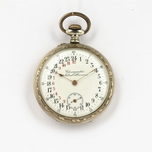 Orologio da tasca crono quadrante 24 ore, cassa in argentan, 1920-1930, quadrante in smalto bianco, scappamento ad ancora  - Asta Orologi da Tasca - Associazione Nazionale - Case d'Asta italiane