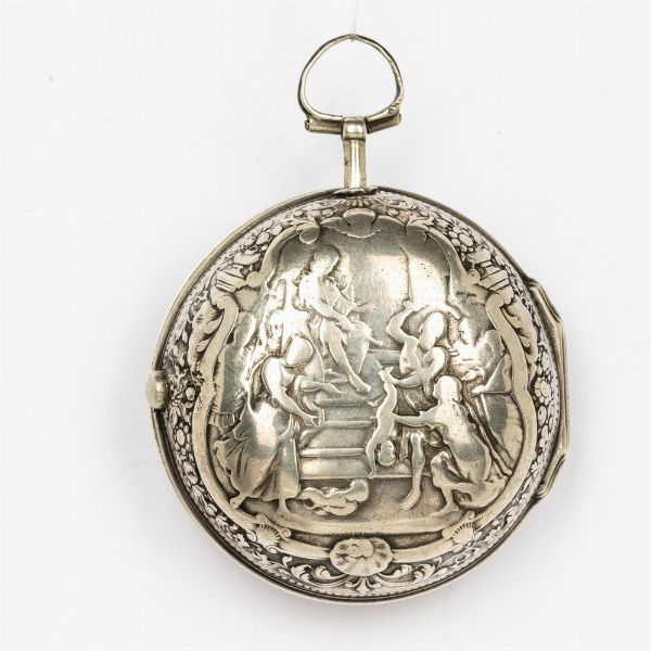 Orologio da tasca Trembley, svizzero del 1750 circa, doppia cassa in argento: cassa esterna sbalzata ed incisa firmata Cochin* , con rappresentazione del giudizio di Salomone<BR>Quadrante in argento inciso.<BR>Movimento con scappamento a verga, conoide e catena.<BR><BR>*Daniel Cochin: il pi noto ed uno dei migliori produttori di casse per orologi (e di tabacchiere ) sbalzate del XVIII secolo.<BR>  - Asta Orologi da Tasca - Associazione Nazionale - Case d'Asta italiane