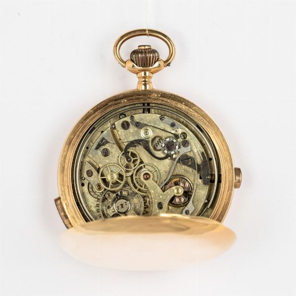 Orologio da tasca con ripetizione ore-quarti e chrono, cassa in oro 18 kt a tre corpi, movimento con scappamento ad ancora, ripetizione azionata con pulsante, quadrante in smalto bianco, 1910 circa  - Asta Orologi da Tasca - Associazione Nazionale - Case d'Asta italiane