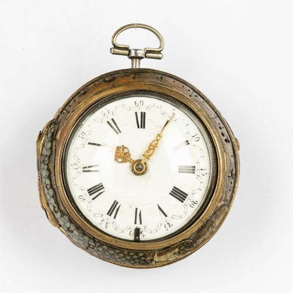 Orologio da tasca, firmato Francis Goodo London del 1700-1710 circa, olandese di produzione ma venduto al mercato inglese, scappamento a verga, cassa in argento, quadrante in smalto, casse esterna associata ma coeva  - Asta Orologi da Tasca - Associazione Nazionale - Case d'Asta italiane