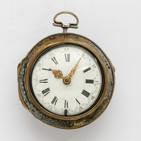 Orologio da tasca, firmato Francis Goodo London del 1700-1710 circa, olandese di produzione ma venduto al mercato inglese, scappamento a verga, cassa in argento, quadrante in smalto, casse esterna associata ma coeva  - Asta Orologi da Tasca - Associazione Nazionale - Case d'Asta italiane