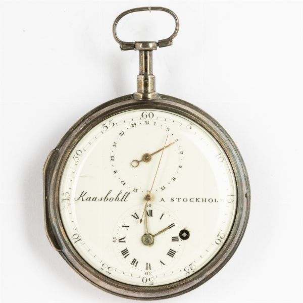 Orologio da tasca Kaasbohll Stoccolma del 1790-1800 circa, cassa in argento, movimento con scappamento a verga, quadrante in smalto bianco con secondi centrali e calendario  - Asta Orologi da Tasca - Associazione Nazionale - Case d'Asta italiane