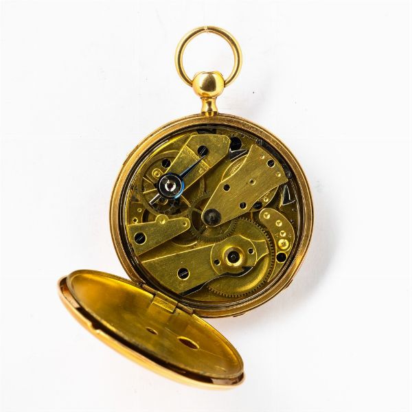 Vacheron a Geneve, orologio da tasca con suoneria ore e quarti su gong, cassa in oro 18 kt, movimento con scappamento a cilindro, quadrante in argento, 1860 circa, movimento completo.  - Asta Orologi da Tasca - Associazione Nazionale - Case d'Asta italiane