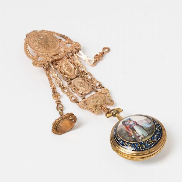 Orologio da tasca con chateleine coeva in metallo dorato, firmato Moilliet a Geneve del 1790 circa, cassa in ottone dorato, produzione Svizzera per il mercato inglese, scappamento a verga, smalto sul retro  - Asta Orologi da Tasca - Associazione Nazionale - Case d'Asta italiane