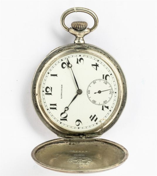 Longines Grand Prix, orologio da tasca del 1900-1910, cassa in argento savonette , movimento con scappamento ad ancora, quadrante in smalto bianco, da revisionare  - Asta Orologi da Tasca - Associazione Nazionale - Case d'Asta italiane