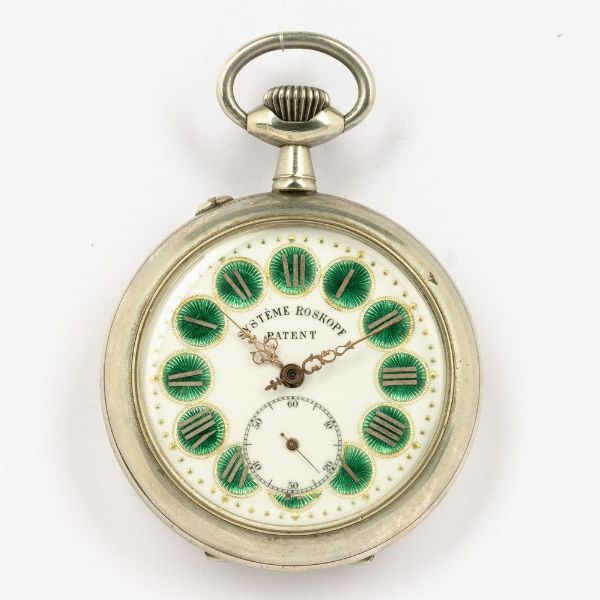 Due orologi, desk watch, regulator, di grandi dimensioni, in metallo, uno sist. Roskopf e uno scappamento ad ancora, entrambi quadrante in smalto cartouches  - Asta Orologi da Tasca - Associazione Nazionale - Case d'Asta italiane