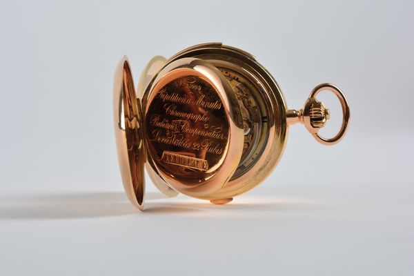 Le Coultre et Co orologio da tasca ripetizione minuti e cronografo del 1900 circa. <BR>Cassa 4 corpi in oro rosa 18kt, tipo savonette, attivazione della ripetizione a slitta, a pulsante per il crono. <BR>Quadrante in smalto bianco. <BR>Movimento Le Coultre a ponti separati, spirale Breguet, scappamento ad ancora. <BR>Suoneria a due martelli  su due gong.  - Asta Orologi da Tasca - Associazione Nazionale - Case d'Asta italiane