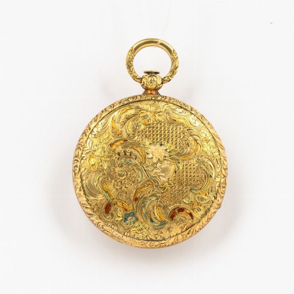 Orologio da tasca svizzero in oro, Verga, met 800 Svizzera, Archinad Bovy  Geneve, retro della cassa sbalzato e inciso con tracce di smalti, in oro 18 kt  - Asta Orologi da Tasca - Associazione Nazionale - Case d'Asta italiane