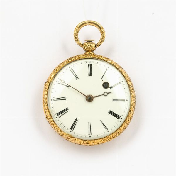 Orologio da tasca svizzero in oro, Verga, met 800 Svizzera, Archinad Bovy  Geneve, retro della cassa sbalzato e inciso con tracce di smalti, in oro 18 kt  - Asta Orologi da Tasca - Associazione Nazionale - Case d'Asta italiane