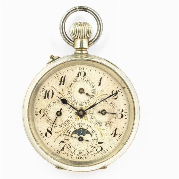 Orologio da tasca di produzione Svizzera del 1890 circa, cassa in metallo, quadrante in metallo smaltato ed inciso con calendario completo e fasi lunari  - Asta Orologi da Tasca - Associazione Nazionale - Case d'Asta italiane