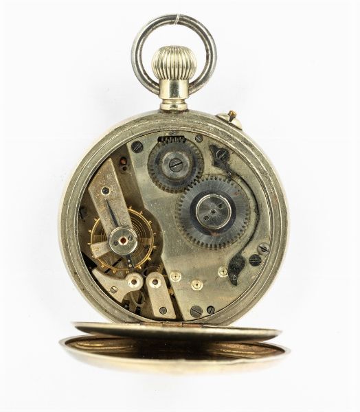 Orologio da tasca di produzione Svizzera del 1890 circa, cassa in metallo, quadrante in metallo smaltato ed inciso con calendario completo e fasi lunari  - Asta Orologi da Tasca - Associazione Nazionale - Case d'Asta italiane