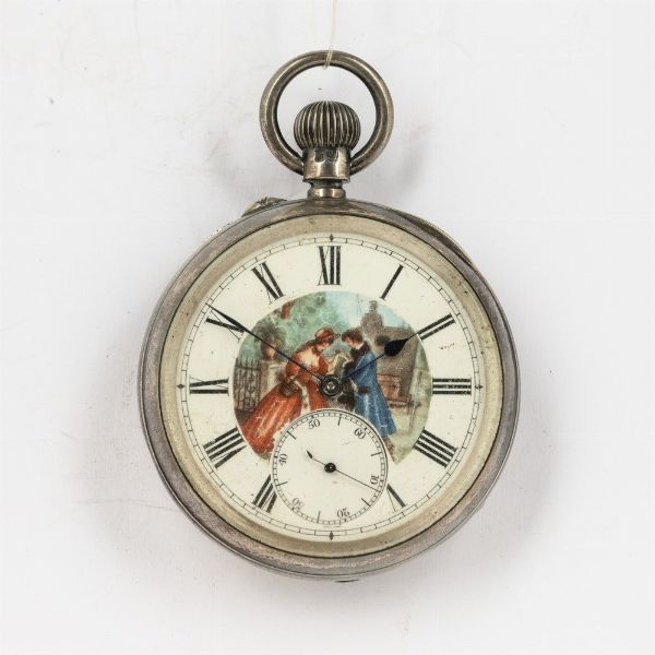 Orologio da tasca anonimo del 1930 circa, cassa in argento, quadrante in smalto decorato di scena galante  - Asta Orologi da Tasca - Associazione Nazionale - Case d'Asta italiane