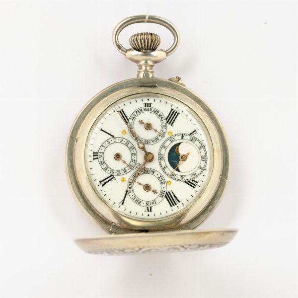 Orologio da tasca con cassa savonet in metallo calendario completo fasi lunari, movimento con scappamento ad ancora, quadrante con smalto bianco  - Asta Orologi da Tasca - Associazione Nazionale - Case d'Asta italiane