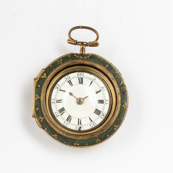 Orologio da tasca inglese firmato Francis Pinney London del 1760 circa, doppia cassa in metallo dorato al mercurio, cassa esterna associata in  zigrino verde con inserti in oro basso, quadrante in smalto, scappamento a verga  - Asta Orologi da Tasca - Associazione Nazionale - Case d'Asta italiane