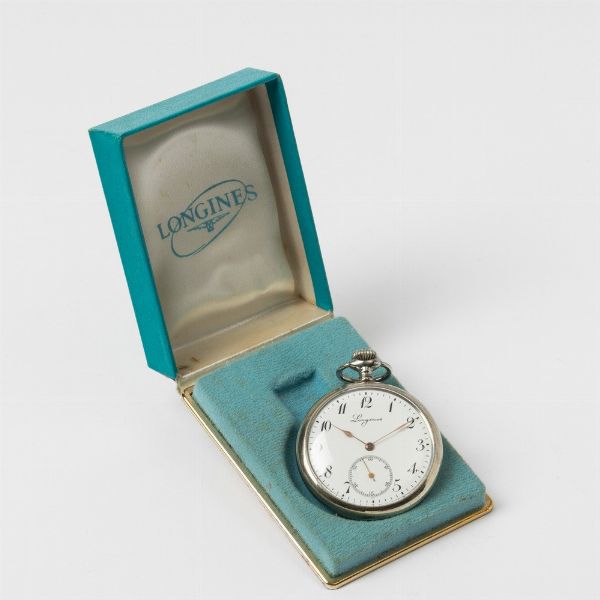 Orologio da tasca Longines, cassa in argento, movimento n3.696.969 scappamento ad ancora, 1945, quadrante in smalto bianco, con scatola originale  - Asta Orologi da Tasca - Associazione Nazionale - Case d'Asta italiane