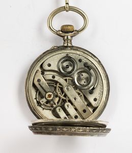 Orologio da tasca Regulator del 1890-1900, cassa in argento, quadrante in smalto con cartouche oro su fondo nero  - Asta Orologi da Tasca - Associazione Nazionale - Case d'Asta italiane