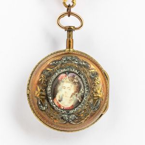 Orologio da tasca del 1780 circa, Achard, Parigi, cassa in ottone dorato, scappamento a verga, quadrante in smalto, con chiavetta<BR>Nel lotto una Chateleine luigi XVI in metallo dorato  - Asta Orologi da Tasca - Associazione Nazionale - Case d'Asta italiane