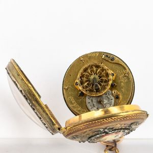 Orologio da tasca del 1780 circa, Achard, Parigi, cassa in ottone dorato, scappamento a verga, quadrante in smalto, con chiavetta<BR>Nel lotto una Chateleine luigi XVI in metallo dorato  - Asta Orologi da Tasca - Associazione Nazionale - Case d'Asta italiane