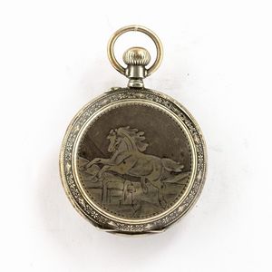 Orologio da tasca anonimo di produzione svizzera cassa in argento, inciso, movimento scappamento a cilindro, quadrante in smalto, 1880  - Asta Orologi da Tasca - Associazione Nazionale - Case d'Asta italiane