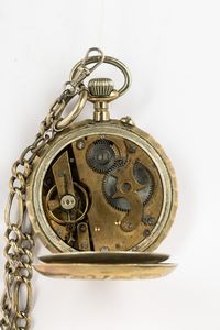 Orologio da tasca Sistema Roskopf, cassa in ottone dorato, quadrante rovinato, catena in argento  - Asta Orologi da Tasca - Associazione Nazionale - Case d'Asta italiane