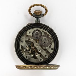 Orologio da tasca Regulator francese del 1890 circa, cassa in acciaio brunito, quadrante in smalto con cartuche (felature), dotato di cassa di protezione  - Asta Orologi da Tasca - Associazione Nazionale - Case d'Asta italiane