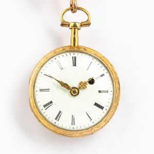 Orologio da tasca con chateleine associata in metallo dorato, firmato Jean daniel Bahn a Strasbourg, Luigi XVI del  1780-1790 circa, cassa in ottone dorata, scappamento a verga, smalto sul retro  - Asta Orologi da Tasca - Associazione Nazionale - Case d'Asta italiane