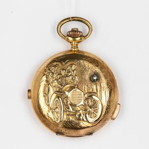 Orologio da tasca anonimo, ripetizione ore e quarti con cronografo 1880  circa, cassa in oro 18k sbalzata ed incisa  di pregevole fattura, movimento scappamento ad ancora, quadrante in smalto bianco  - Asta Orologi da Tasca - Associazione Nazionale - Case d'Asta italiane