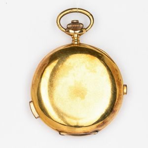 Orologio da tasca anonimo, ripetizione ore e quarti con cronografo 1880  circa, cassa in oro 18k sbalzata ed incisa  di pregevole fattura, movimento scappamento ad ancora, quadrante in smalto bianco  - Asta Orologi da Tasca - Associazione Nazionale - Case d'Asta italiane