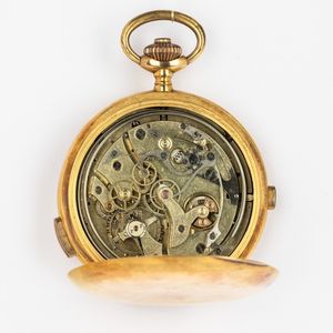 Orologio da tasca anonimo, ripetizione ore e quarti con cronografo 1880  circa, cassa in oro 18k sbalzata ed incisa  di pregevole fattura, movimento scappamento ad ancora, quadrante in smalto bianco  - Asta Orologi da Tasca - Associazione Nazionale - Case d'Asta italiane