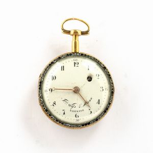 Frere Wills et Man a Geneve, 1800 circa, cassa in ottone dorato al mercurio, con smalto al retro (danneggiato), movimento con scappamento a  verga, quadrante in smalto bianco (rotture)  - Asta Orologi da Tasca - Associazione Nazionale - Case d'Asta italiane