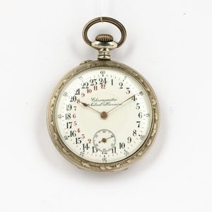 Orologio da tasca crono quadrante 24 ore, cassa in argentan, 1920-1930, quadrante in smalto bianco, scappamento ad ancora  - Asta Orologi da Tasca - Associazione Nazionale - Case d'Asta italiane